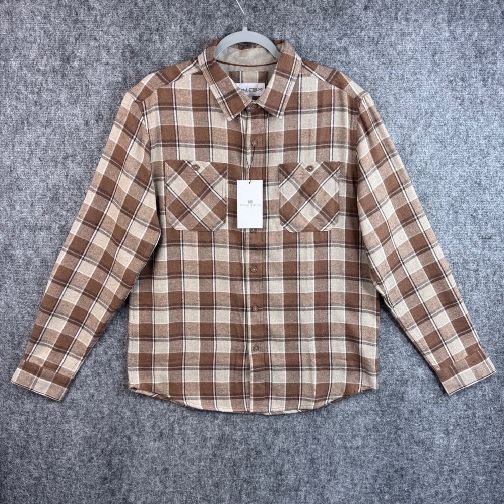 Thomas Sterling Mens Tan Brown Plaid Button Down Shirt Long Sleeve Size M NWT